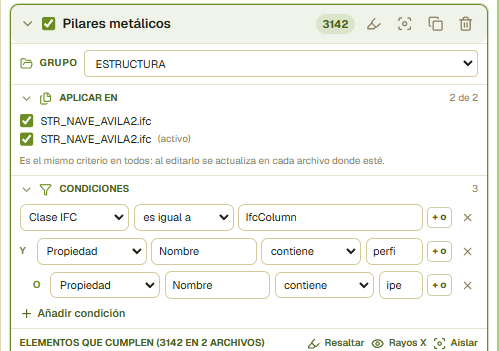 Un criterio con sus condiciones: el conector «y» entre exigencias distintas y el «o» de una alternativa, con el botón + o para añadirlas.