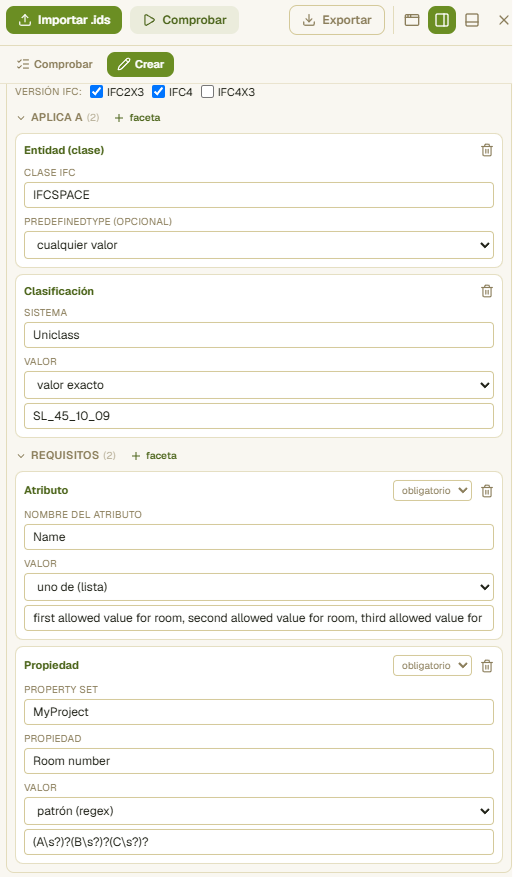 Editor visual de especificaciones IDS con applicability, requirements y facetas.
