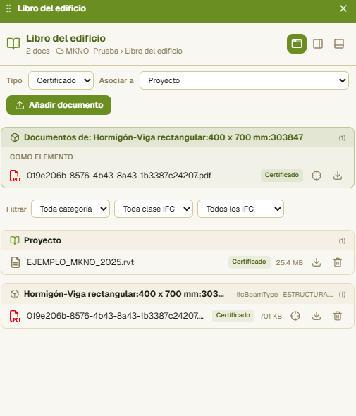 Listado del Libro del edificio con filtros y los documentos del elemento seleccionado.