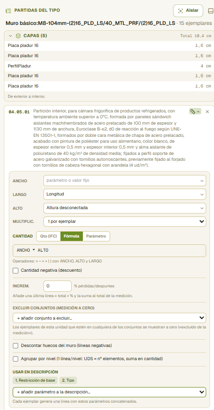 Configuración de medición de una partida: cantidad por Qto del IFC, fórmula o parámetro, y opciones.
