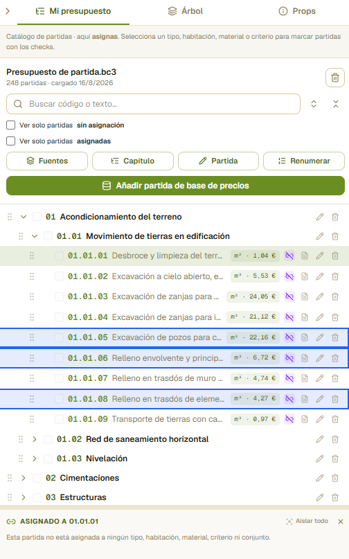 Panel Mi presupuesto con el árbol de capítulos y partidas cargado desde un archivo BC3.